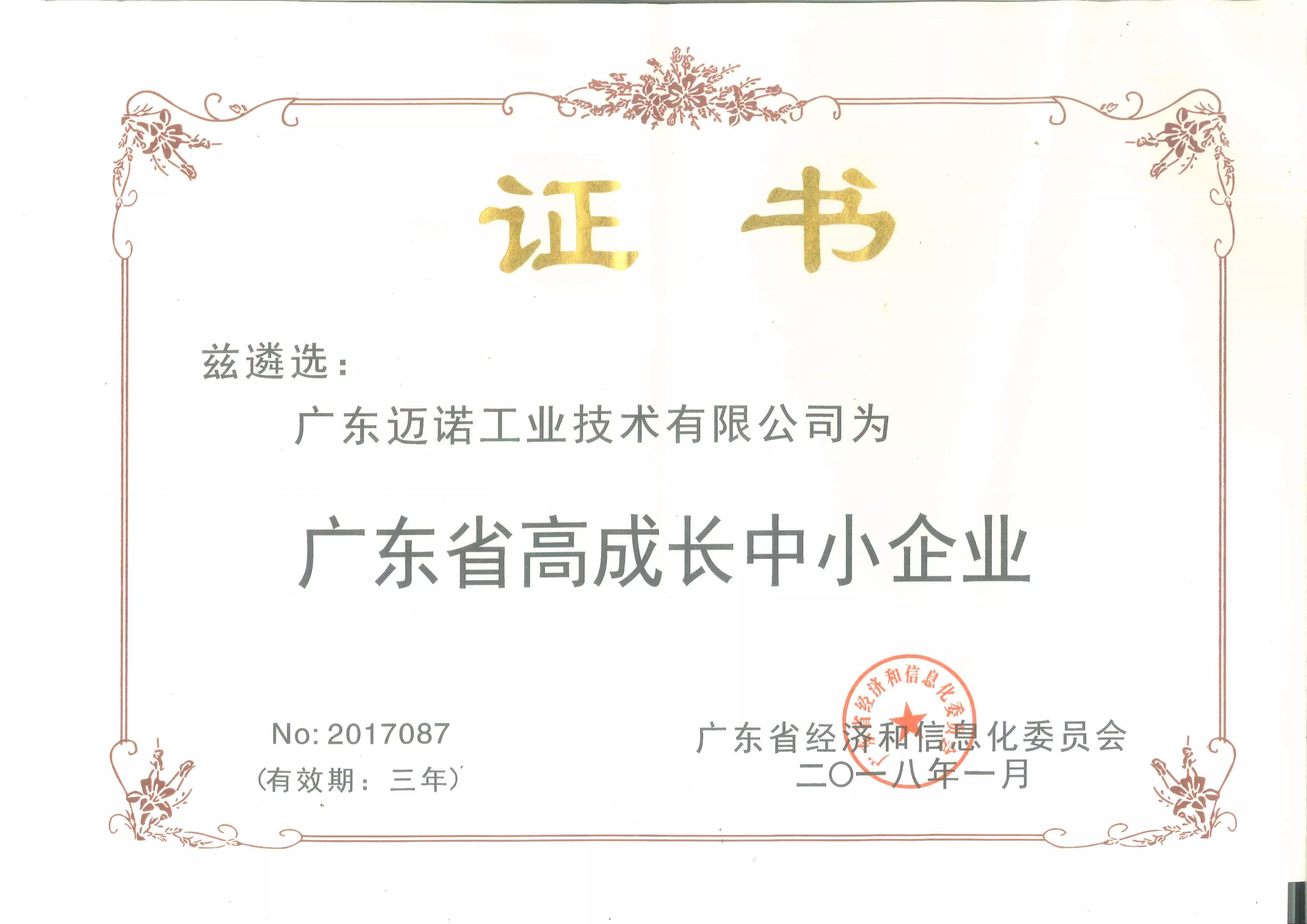 2018年广东省高成长中小企业（证书）